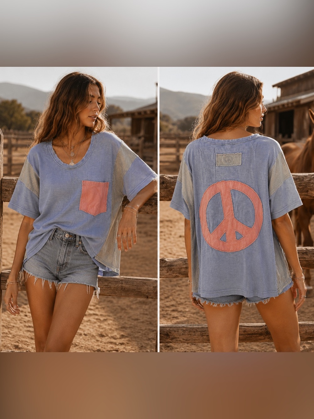 Blue Velvet Oversized Colorblock Peace Sign Tee Pink Pocket Size S NWT